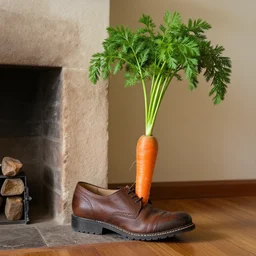 a carrot put in a shoe placed next to a chimney