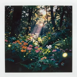 analog polaroid of a lush flowery forest full of fireflies, ambient light, color bleed