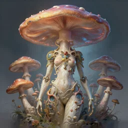 organic cyborg wiith psychedelic mushrooms, diffuse lighting, fantasy, intricate, elegant, highly detailed, lifelike, photorealistic, digital painting, artstation, illustration, concept art, smooth, sharp focus, art by john collier and albert aublet and krenz cushart and artem demura and alphonse mucha