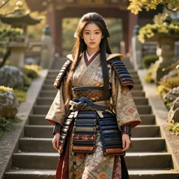 gorgeous and stunning japanese warrior princess standing on stairs in an ancient fantasy garden, long hair, beautiful intricately decorated clothing, natural pose, focus on face, golden hour, shallow depth of field, fantasy matte painting, rule of thirds, karole bak, mohrbacher, hasui kawase, noriyoshi ohrai