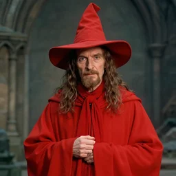 portrait of rincewind wearing bright red wizard robe and hat by greg rutkowski and raymond swanland