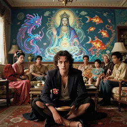 movie still by alejandro jodorowsky of a beautiful day in a family living room designed by gucci in china, visible magic energy, dream creature costumes, technology, holy fish god, digital art on the wall, cinestill 8 0 0 t eastmancolor technicolor, high quality, very detailed, heavy grain, fine facial features, 8 k, octane render