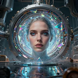 detailed face of a woman, large hadron collider, dimensional portal, teleportation, wet reflections, prism, atmospheric, ambient, pj crook, syd mead, livia prima, artgerm, greg rutkowski, nick alm, casey baugh