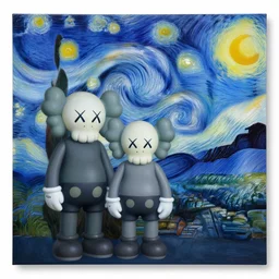 starry night by shusei nagaoka, kaws, david rudnick, airbrush on canvas, pastell colours, cell shaded, 8 k,