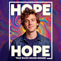 inspirational style hope poster of bo burnham, psychedelic colors, highly detailed, realistic, loving, psychedelic colors