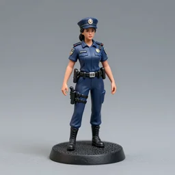 80mm resin detailed miniature of a female cop, full body, hair, shoes, police cap, Logo, textured base; Miniature Product Photos, 4K, view from front