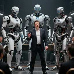 elon musk conducting philharmonic of cyborgs, cinematic shot, extremely detailed