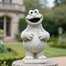 a marble statue of Cookie Monster in a mansion garden, 50mm sigma lens, bokeh, depth of field