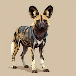 A drawing of an African wild dog wearing a jacket.