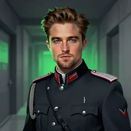 high detail portrait of robert pattinson as ss standartenfuhrer, in grey hallway, detailed, digital illustration, green backlit, concept art, smooth, noir dramatic cinematic, sharp focus, art by brothers hildebrandt, and alex grey