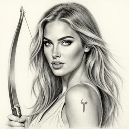 pencil drawing of beautiful megan fox as greek goddess aphrodite, archer warrior, sagittarius tattoo, beautiful piercing eyes, flowing blonde hair, realistic face, hyper realistic, in the style of greg rutkowski, fantasy, amazing detail, epic, intricate, elegant, smooth, sharp focus