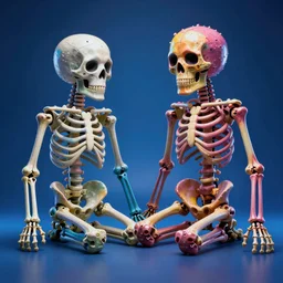 hyperrealistic very cute multicolored skeletons mixing bones jason limon concept art dramatic blue lighting wide angle hd 8k sharp shallow depth of field
