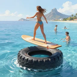 concept art of a woman on a wood board suspended around a slick tyre in saint - martin lagoon, by aenaluck, artgerm and roberto ferri and greg rutkowski, blue and white tones, digital painting, artstation, concept art, smooth, sharp foccus ilustration hq - h 7 6 8