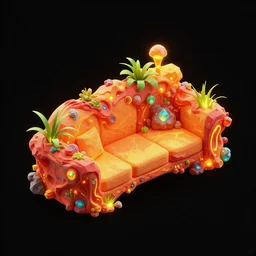 black background with an isometric red orange yellow neon sofa with a crazy unusual organic design based on alien bioluminescent nature aesthetic, it has plants growing onto it and is made out of rocks and glowy crystals in a maximalist hyper - detailed design, an asset for a mobile game. low poly full black background behance masterpiece