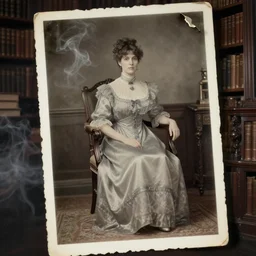 concept art, 1 9 th century spirit photography, transparent victorian woman in a chair, in the library room, ambient smoke, torn photograph, photorealistic, highly detailed, 8 k