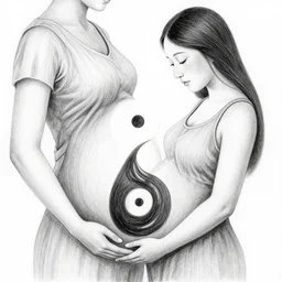 a drawing of a pregnant woman giving birth to emerging yin - yang daoist symbol emerging from womb, black and white detailed pencil drawing dao