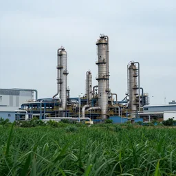 industrial refinery rising out of the undergrowth