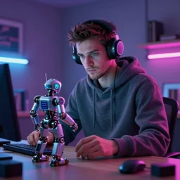 an intricate concept art portrait of a man with a hoodie with headset inventing a robot on his desk, bedroom neonvibe, fuzichoco color palette, global illumination, style ivan talavera and artgerm, hyper realistic, photorealistic, octane render, artstation, cgsociety, cinematic light, 8 k