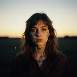 beautiful young woman with gutterpunk pen ink face tattoos at golden hour, stars in background, cinematic diane arbus, leica s, fuji 8 0 0, grainy, low light