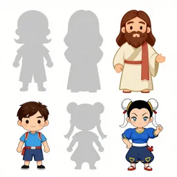 game asset sheet, material study, 2 d sprite, chibi jesus and chun - li