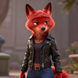 upper body shot, red anthropomorphic female wolf, wearing a black leather jacket and denim pants, octane render, detailed, brawl stars, unreal engine 5, cinema 4 d cinematic, artstation, in the style of zootopia