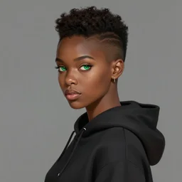 photographic portrait of an handsome young black woman with a mohican haircut and green eyes in a back hoodie, flat lighting, elegant, highly detailed, digital painting, artstation, concept art, sharp focus, star wars, illustration, art by makoto shinkai