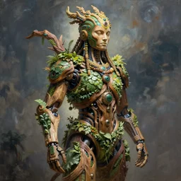 hyper - detailed fine painting of a synthetic humanoid hybrid cyborg shaman half cybernetic and half made of plants and wood, concept art magical highlight