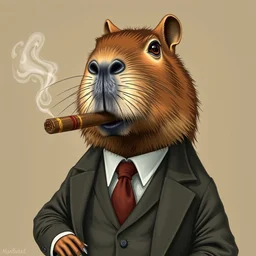 an accurate capybara wearing a business suit and doing the action of smoking a cigar in his mouth