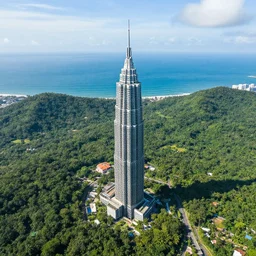 big skyscraper hover hover over the jungle and ocean, large scale photo