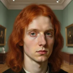 museum painting, closeup, pale handsome young man age of 3 0, big eyes, mouse red hair, shoulder - length! hair, 1 7 th century, living room, studio lighting, sharp focus, highly detailed, digital art, matte painting, masterpiece, artgerm, rutkowski, botticelli, mucha, leyendecker