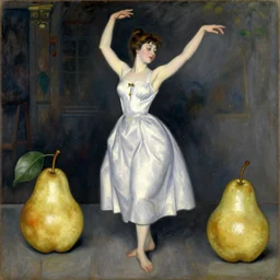 vintage beautiful painting of a woman dancing with 2 big pears in Mary Cassatt style