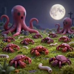 voidless of the festival!, The Graveyard, blood moon tentacles!!, large group of crabs and worms, crawling along a bed of moss, low poly, creeper world, handcrafted, artstation, hyperrealistic, hard light, best practices, creeptastic, photorealism, macro perspective, cuddly