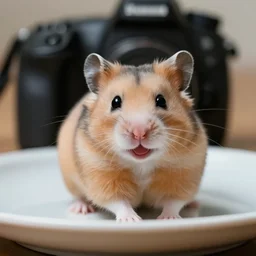 a happy hamster on a plate smiling into a camera, macro, dslr