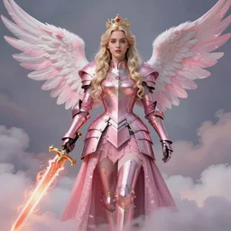 gorgeous!! hyper - realistic woman resembling emilia clarke as a princess wearing ornate pink knight armor, angel wings, angemon l holding a fiery long sword | divine, elegant, ethereal, heavenly, clouds, cute, beautiful, holy, fantasy | illustration, intricate, high detail, ultra graphics, digital painting, photorealistic | drawn by wlop, drawn by jeehyung lee, drawn by artgerm