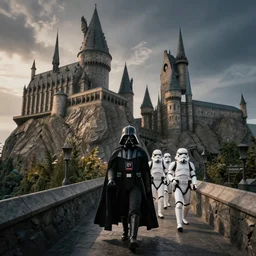 Darth Vader and stormtroopers marching over a bridge towards Hogwarts school