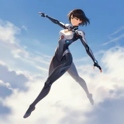 a woman in a futuristic suit flying through the air, concept art by lu ji, featured on polycount, dau - al - set, official art, dynamic pose, anime aesthetic