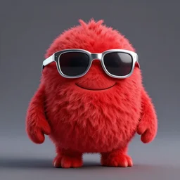 3 d render of completely red hairy friendly creature smiling wearing chrome shades, full body, simple, cute, white background, unreal engine 5 hdr