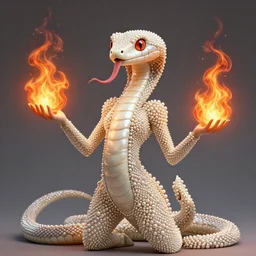 a snake girl in a pearl - colored chamelion suit with a long tongue holds in her hand the majestic fire of ancient ancestors