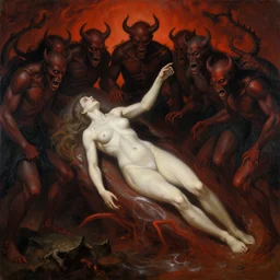 painting of a woman falling into hell with a bunch of demons around her