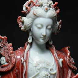 a dark baroque close - up portrait of an ornate red and white porcelain being made out of white sci - fi vitrified translucent ceramic marble ; china. reflective detailed textures. gloomy black background. highly detailed fantasy science fiction painting by moebius, norman rockwell, frank frazetta, and syd mead. rich colors, high contrast. artstation