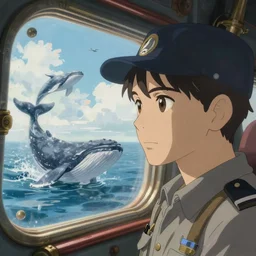crewman on a steampunk submarine looking out the window at a passing pod of whales, kyoto animation still, finely illustrated face, intricately detailed features, digital painting, makoto shinkai, painted by ilya kuvshinov and ross tran and krenz cushart