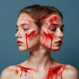 portrait of young beautiful woman with two faces covered in red dripping paint, artwork by guy denning and charlie bowater,
