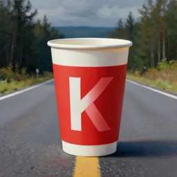 paper cup in white red, macro view!!!, standing on empty road!!, natural colors! forest background!!, detailed, dark skies painting by greg rutkowski, beautiful, artstation, octane render, oil painting, sharpness, 8 k, golden ratio