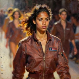 portrait in daring femininity, ethnic, determined face, flight suit, warm glow, runway bathed in light, speed, captured memory, motion impressionism, radiosity, terrazzo, pj crook, michael garmash, livia prima, nick alm, casey baugh, deep color, oil on canvas