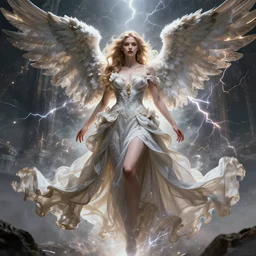 character design by james jean, ruan jia, ilya kuvshinov, martine johanna, jakub rebelka ( ( ( portrait of sexy angel in seductive luxurious flowy flowery dress ) ) ) emerging from lighting and powerful thunder, sharp edges. ultra detailed, majestic, intricate,