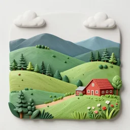 rolling hills and a farm, appalachian folk art, mixed media, 3 d, detailed, award winning, blue, purple, red, orange, green