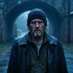 a cinematic headshot photograph of a homeless war veteran, stood in a tunnel, stormy weather, rain, film still, cinematic, dramatic lighting, blue color theme, by zack snyder
