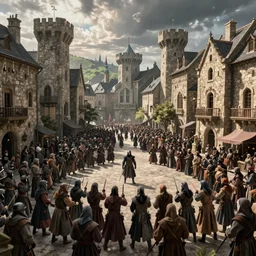 vigilantes disrupting a crowded event, concept art, medieval town square, large crowds, medieval fantasy, stone buildings