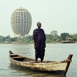 movie still by djibril diop mambety of a man in dark violet drapery in a flesh barque on a river next to a spherical high - rise, leica sl 2 5 0 mm, heavy grain, high quality, high detail