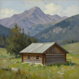 a log cabin by mountains by peter elson, oil on canvas